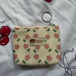 Floral Keychain Coin Pouch with Bear Design